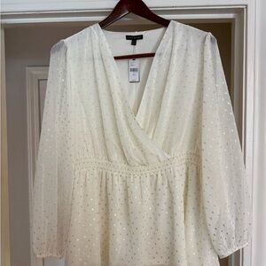 White Long Sleeve Blouse with Gold Accents